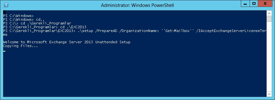Schema güncellemesini yapmadan önce Active Directory Management Tools kurulumu yapalım. Power Shell i tekrar Run as Administrator ile açalım ve aşağıdaki komut satırını çalıştıralım. (Resim1.5).