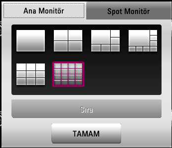 Ana Ekran görüntüleme modunun seçilmesi Canlı ekran modunda iken, ana monitörde tam, 4 bölümlü, 6 bölümlü, 8 bölümlü, 9 bölümlü, 16 bölümlü, 17 bölümlü, veya 25 bölümlü ekran görüntüleri arasında