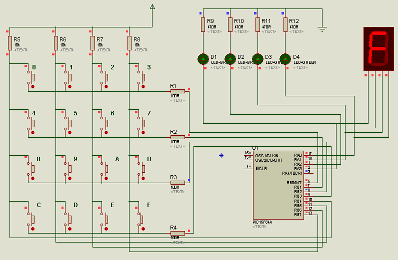 DENEY 12: Klavye (Tarama Yöntemi) 4x4 lük bir tuş takımı kullanarak tarama yöntemi ile basılan tuş bilgisini PortA ya bağlı LED lerde binary olarak gösteren devre ve programı.