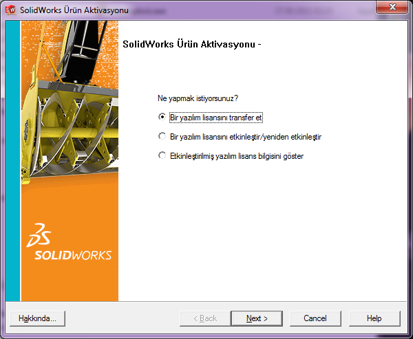 3.3. SolidWorks Aktivasyon Sihirbazı Aracılığıyla Transfer Eğer sistem dosyalarının bozulması, virüs vb.