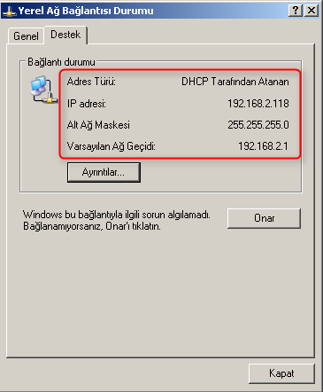 Örnek Windows XP Otomatik IP Adresi; Windows XP yapılandırmasında Adres Türü ; DHCP Tarafından Atanan şeklinde olmalı ve IP Adresi bölümü 192.168.2.xxx şeklinde olmalıdır.