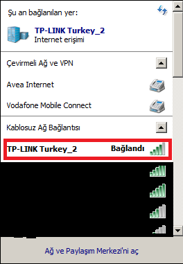 10. Bilgisayarınızın sağ alt köşesinde bulunan kablosuz adaptörünüze ait simgeye tıklayınız ve print serverı da bağlamış olduğumuz modemin kablosuz ağına bilgisayarınızdan siz de bağlanın. 11.