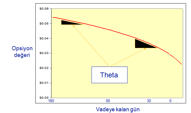 Theta Theta, vadeye kalan gün sayısıyla opsiyon fiyatı arasındaki ilişkiyi verir.