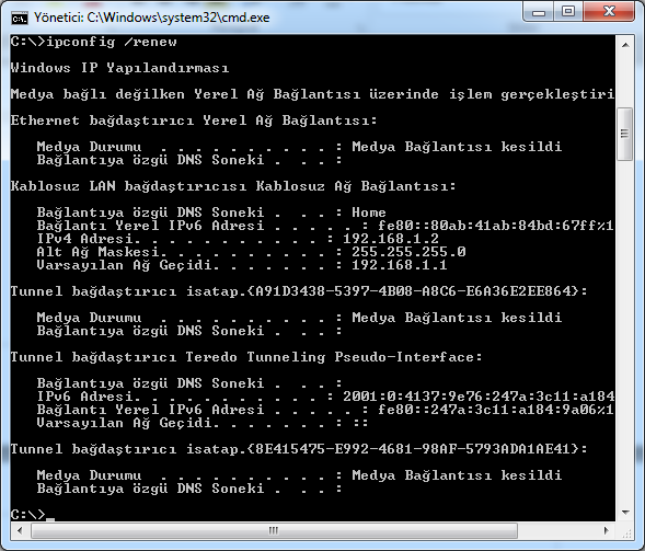 Örnek 3: ipconfig /renew komutu ile bilgisayrda bulunan tüm ağ bağdaştırıcılarının adresleri yenilenir. Resim 1.39: ipconfig /renew kullanımı 1.8.5.