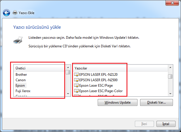 Erkana yazıcı sürücüsü ekleme penceresi gelir. Bu pencerenin sol tarafından yazıcı markası sağ tarafından yazıcı modeli seçilir.