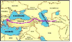 Türkmenistan'dan Türkiye'ye ve Türkiye'den Avrupa'ya uzanacak doğal gaz boru hattı projesi geliştirmiştir (Şekil 7).