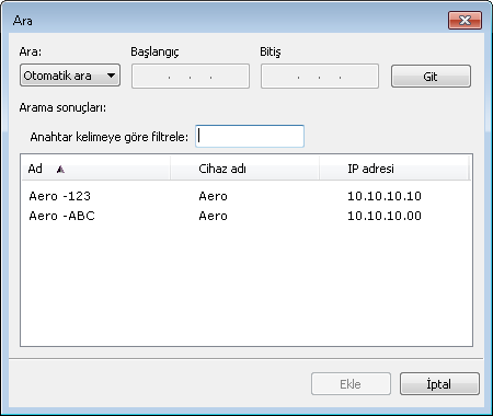 7 Arama yapmak için Arama öğesini kullanın, Fiery Server öğesini seçin ve ekleyin. IP adresi aralığına, IP adresine ve alt ağ maskesine ya da Otomatik arama ile arama yapabilirsiniz.