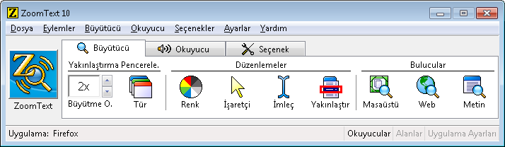 ZoomText Kullanıcı Arayüzü ZoomText i çalıştırmaya başladığınızda kullanıcı arayüzü ekranda belirir. Bu pencere Zoomtext in kullanımında bütün kontrolleri içerir.