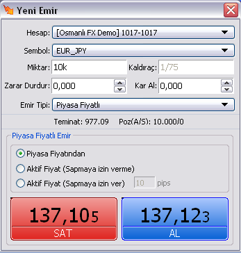 14.1 FX Piyasa Fiyatlı Emir Ekran özellikleri: Hesap: İşlemin yapılacağı hesap. Sembol: İşlemin yapılacağı para çifti.