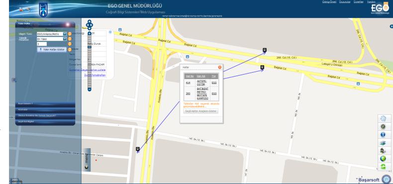 Hatları Göster butonuna basılması ile beliren iğne ucunu harita üzerinde herhangi bir noktaya tıkladığımızda, o noktanın yakınındaki toplu taşıma durakları harita üzerine işlenmiş