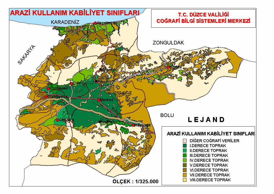 Harita E.1. Düzce İli Arazi Kullanım Kabiliyeti Sınıfları Haritası Genel arazi kullanımı içinde, kullanılan tarım alanları 2000 de yüzde 12 oranında azalmış görünmektedir (Tablo E.2).