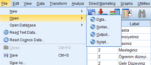 4 MEVCUT VERİ DOSYALARININ AÇILMASI (OPEN) Hâlihazırda sahip olduğunuz ya da edindiğiniz bir SPSS dosyasını açmak için, File menüde FILE OPEN» DATA adımlarını seçeriz.