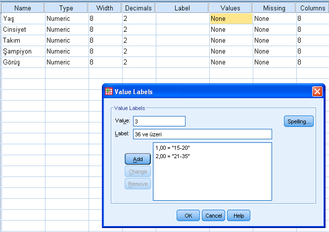 Data View Veri girişi ekranı Variable View Veri Alanları Ekleme Ekranı Sayılar ile Kodlama Gerçek anlamı Ankette sorulan sorular tek tek Name kısmına kısaltılarak yazılır.