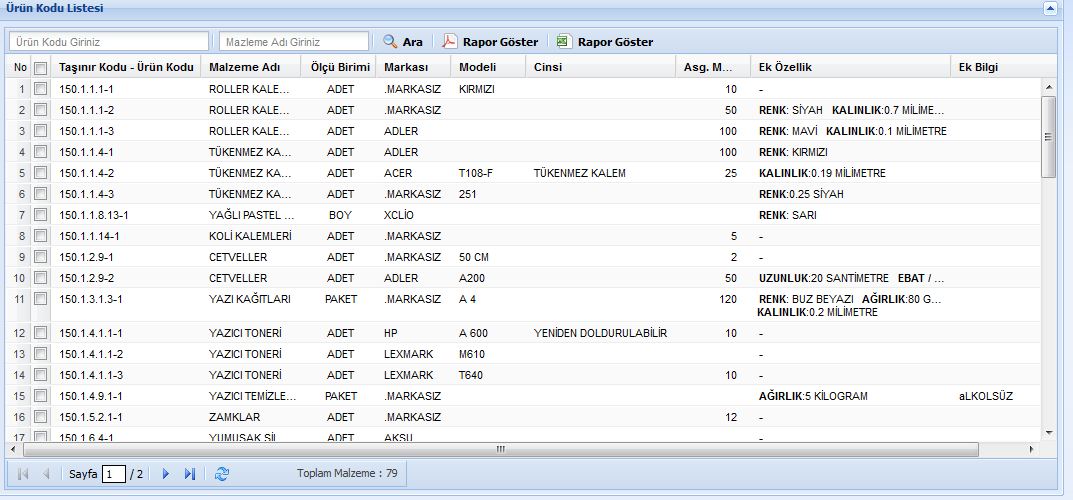 2.4.3. ÜRÜN KODU LİSTESİ Ürün kodu listesinde ilgili kamu idaresinin merkez ve taşra birimlerince yapılmış tüm malzeme tanımları listelenmektedir. 2.4.4. DAYANIKLI TAŞINIRLAR LİSTESİ Bu liste,