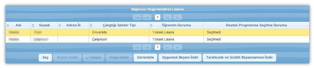 Atama İşlemleri Ekranı'ndan ilgili destek programı Destek Programının Adı alanından seçilir ve Görev Alacak BD Listesi İndir ( ) düğmesine tıklanır.