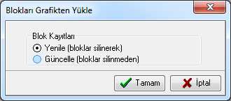 Yenile: Editörde yer alan bütün blok kayıtları silinecek ve yerine grafik ekrandan BLOK tabakasında çizilmiş olan bloklar aktarılacaktır.