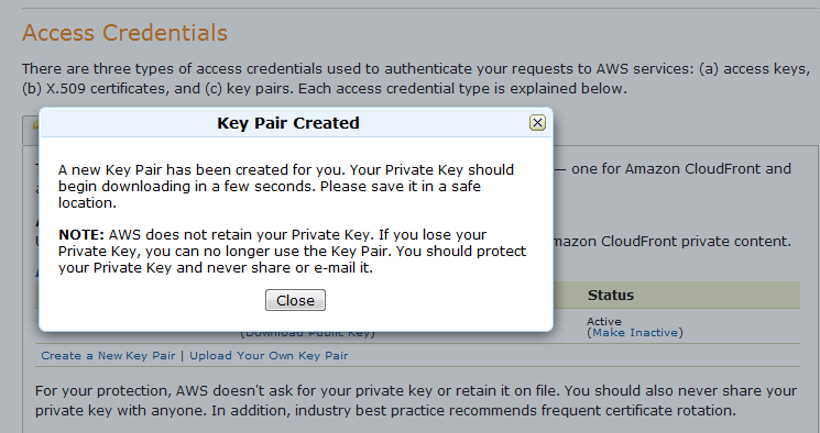 2.9 Bu adımda anahtar çiftinizi yaratabilmek için Create a New Key Pair linkine basınız. Ekrana anahtar çiftinizin yaratıldığına dair Key Pair Created mesaj kutusu ekrana gelecektir. 2.