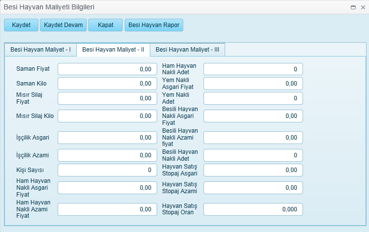 Tanım Tanım 34.2.2. Besi Hayvan Maliyeti Ekleme Sorgulama ekranında Ekle butonuna tıklanarak aşağıdaki ekran açılır. Üç sekmede yer alan değerler girilerek kaydedilir.