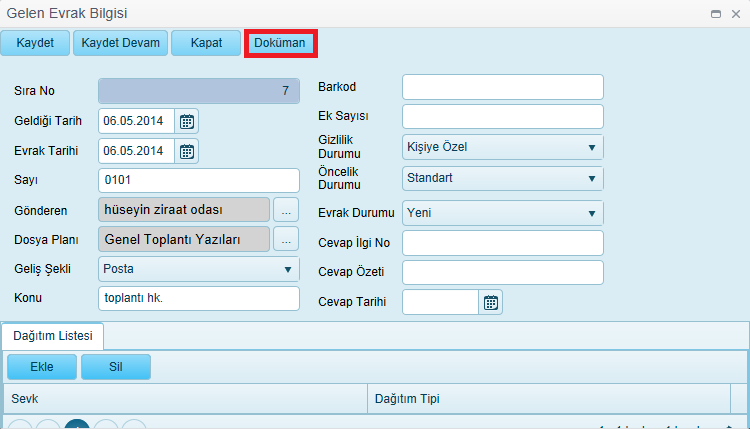 Ek Dosya Şablon Klasör Ad Kod Konu Seç butonuna basılarak taranmış ek dosya seçilir Evrağın şablonu seçilir Evrağın saklanacağı klasör seçilir Evrağın adı girilir Evrağın kodu girilir Evrağın konusu