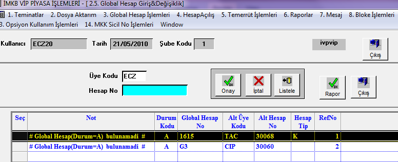 1.2.5 Global Hesap Giriş/ Değişiklik Global Hesap Aktarımı ekranı ile sisteme aktarılan global alt hesap olanların görüntülenmesi ve düzeltilmesini sağlayan ekrandır.