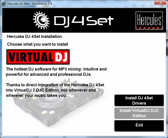 - Kurulum menüsünde Install VirtualDJ DJC Edition'ı (VirtualDJ DJC Edition'ı Kur) tıklayın ve ekrandaki talimatları izleyin. Yazılım bilgisayarınıza kurulmuştur.