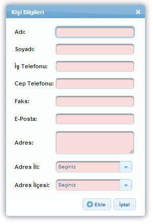 Kişi Bilgileri Penceresi Kişi Bilgileri Penceresi nde yer alan alanlar aşağıdaki gibidir; Adı alanında, teknik destek talebine eklenecek irtibat kişisinin adı belirtilir (Adı alanı 100 karakterle