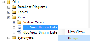 1.1.2. Görünümü Güncelleme Resim 1.8: Görünüm sorugusu sonuç ekranı Daha önce oluşturduğumuz bir görünümü güncellemek için de Object Explorer penceresinden veya T-SQL komutlarından faydalanabiliriz.