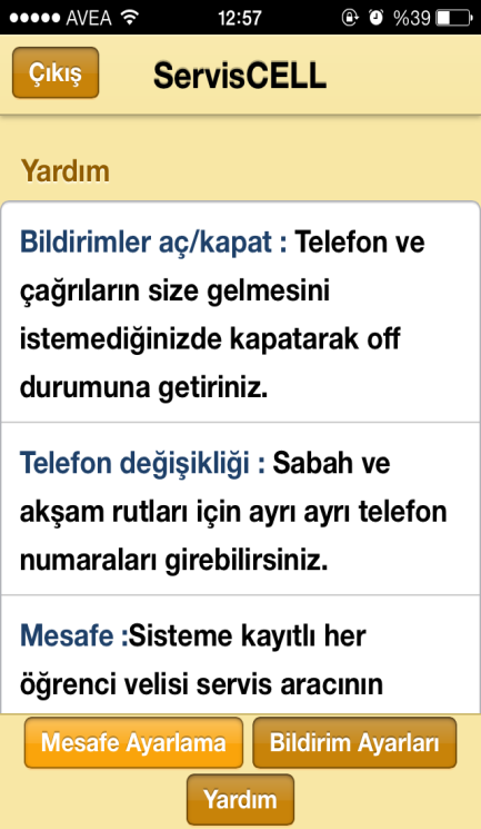 V. Yardım Yardım sekmesinde, ServisCELL akıllı telefon