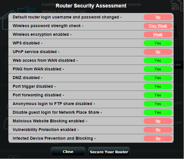 ÖNEMLİ! Router Security Assessment (Yönlendirici Güvenlik Değerlendirmesi) sayfasında Yes (Evet) olarak işaretlenen öğelerin güvenli durumda olduğu düşünülür.