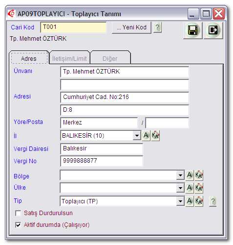 Toplayıcıya ait Unvan, Adres bilgileri, Yöre, İl Bölge vb. bilgiler Adres sekmesinden girilir.