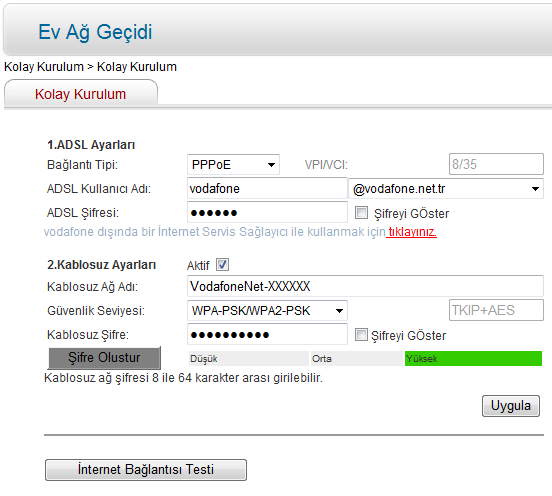 Fabrika ayarlarındaki kablosuz ağ adı VodafoneNet-XXXXXX formatında olmakla birlikte XXXXXX bölümü 6 haneli üretilmiş bir rakam-harf