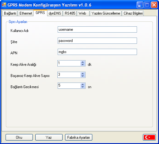 MAC ID Cihazın MAC adresini gösterir. 2.3 GPRS Ayarları Kullanıcı Adı GPRS bağlantısı için kullanılacak kullanıcı adı.