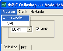 Resim 4. dspic Osiloskop V1.0 yazılımı dspic Osiloskop programında iki grafik bulunmaktadır. Programda Osiloskop ve FFT tabları (sayfaları) bulunmaktadır.