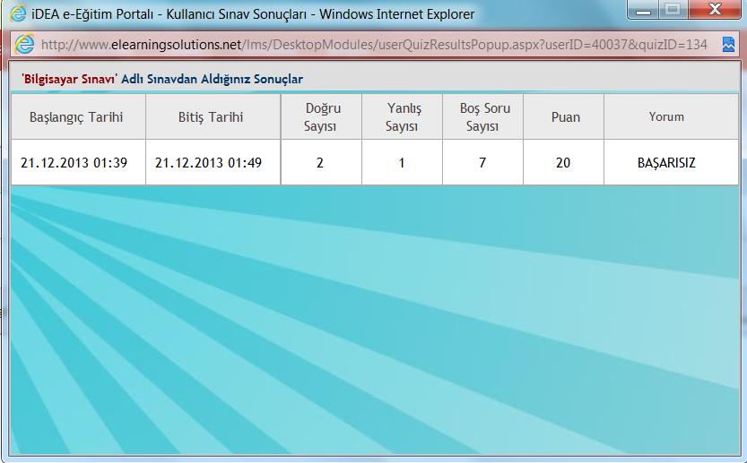 Sınav Sonuç penceresinde sınavın adı, başlangıç ve bitiş tarihi ile doğru, yanlış ve boş sayıları, sınavdan