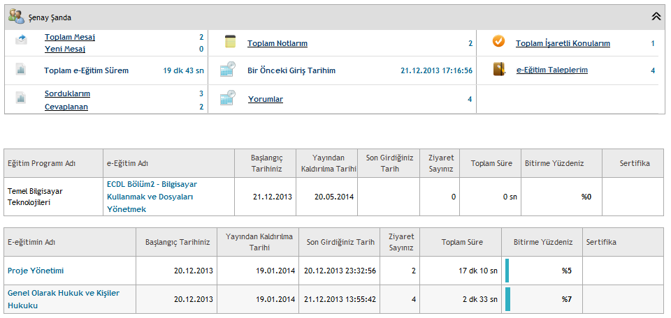 e-eğitimlerim e-eğitimlerim sayfası 3 bölümden oluşur.