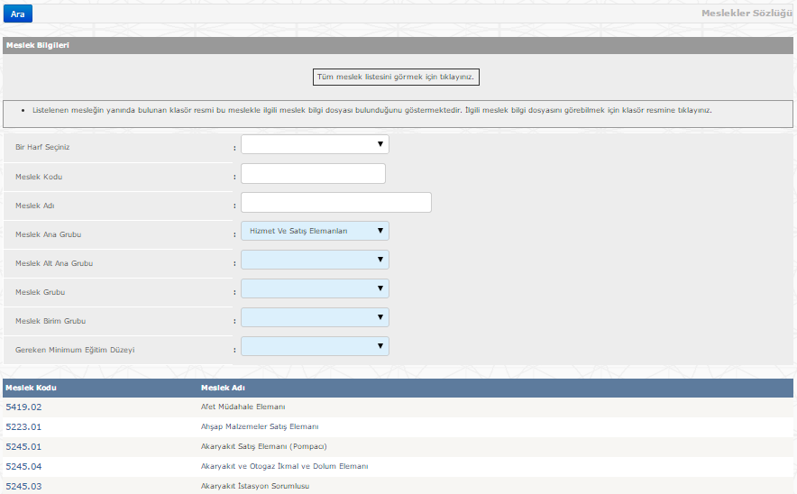 Meslek bilgileri ekranda listelenecektir.