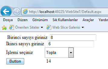 Label1.Text = Convert.ToString(sonucfark); Örnek : Butona tıklandığında DropDownList1 e yeni bir seçenek eklesin. Örneğin Bostancı yı eklesin Çözüm : DropDownList1.