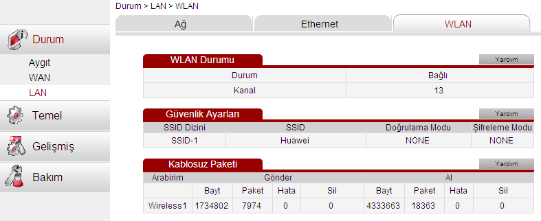 9 Sistem Bilgisi Parametreler Kira süresi Ara yüz Al Gönder Açıklama EchoLife HG521 0678 Kullanma Kılavuzu HG521 e bağlı cihazların, bağlı oldukları süreyi gösterir.