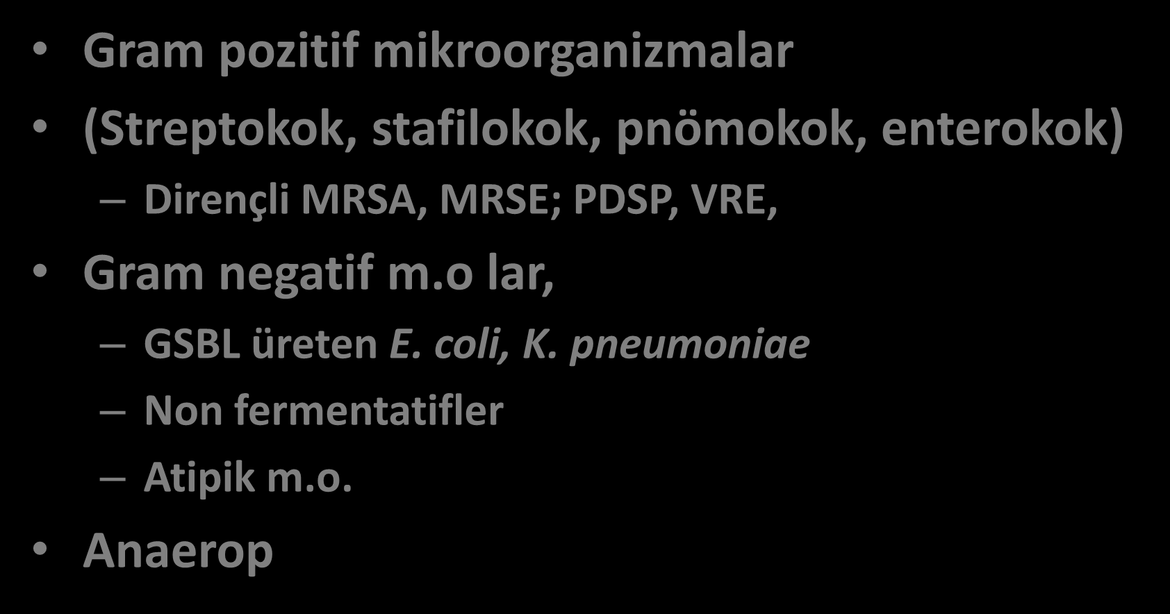 Tigesiklin Etki Spektrumu Gram pozitif mikroorganizmalar (Streptokok, stafilokok, pnömokok, enterokok) Dirençli MRSA, MRSE; PDSP, VRE, Gram negatif m.o lar, GSBL üreten E.