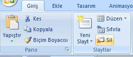 Resim 2.5: Slayt silme yöntemi Silinmek istenilen slaytlar, Slayt Paneli nden seçilir ve ġerit üzerindeki GiriĢ sekmesinde yer alan Slaytlar bölmesinden Sil komutu tıklanır. Resim 2.