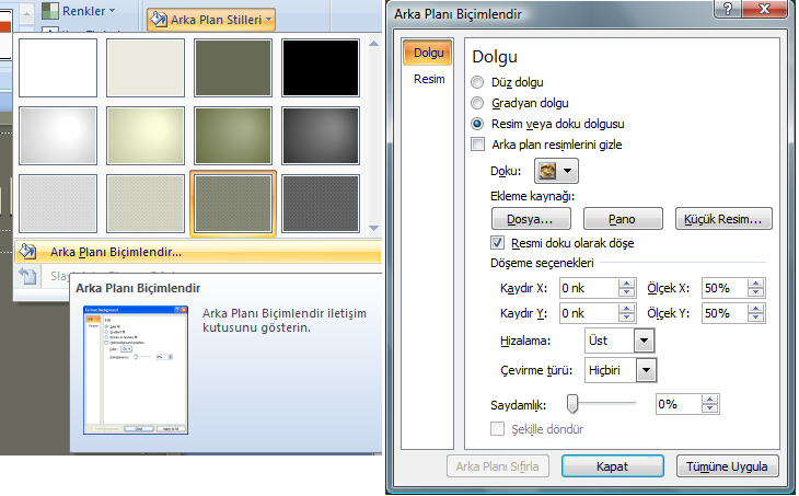 Resim 0.9: Arka plana resim ekleme Bir slayta herhangi bir rengi arka plan olarak belirlemek için; Arka plan resmi eklemek istediğiniz slaytı tıklatınız.
