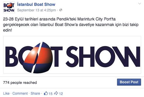 Sosyal Medya da Boat Show Ayın en çok ilgi gören postu iletişime başladığımız ilk gün kullandığımız içerik oldu.