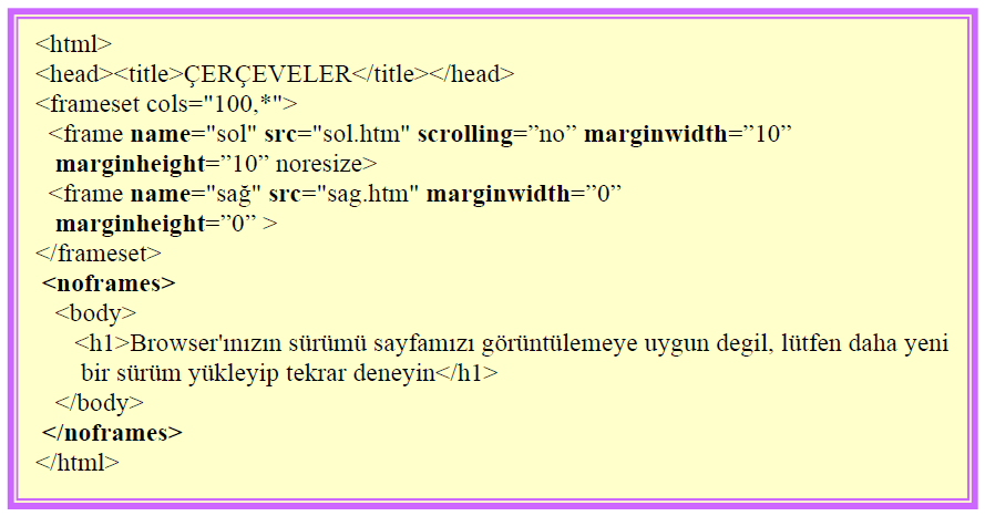 Uygulama) index.html <html> <head> <title> ::: Çerçeveli Sayfa ::: </title> </head> <frameset rows="15%,75%,10%"> <frame name="ust" src="ustsayfa.