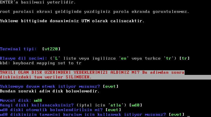 f. Diski Bölümleme Şekil 6 Bu kısımda diskinizi otomatik bölümlendirmek isteyip istemeyeceğinizi ve diskinizin tamamını kurulum için kullanıp