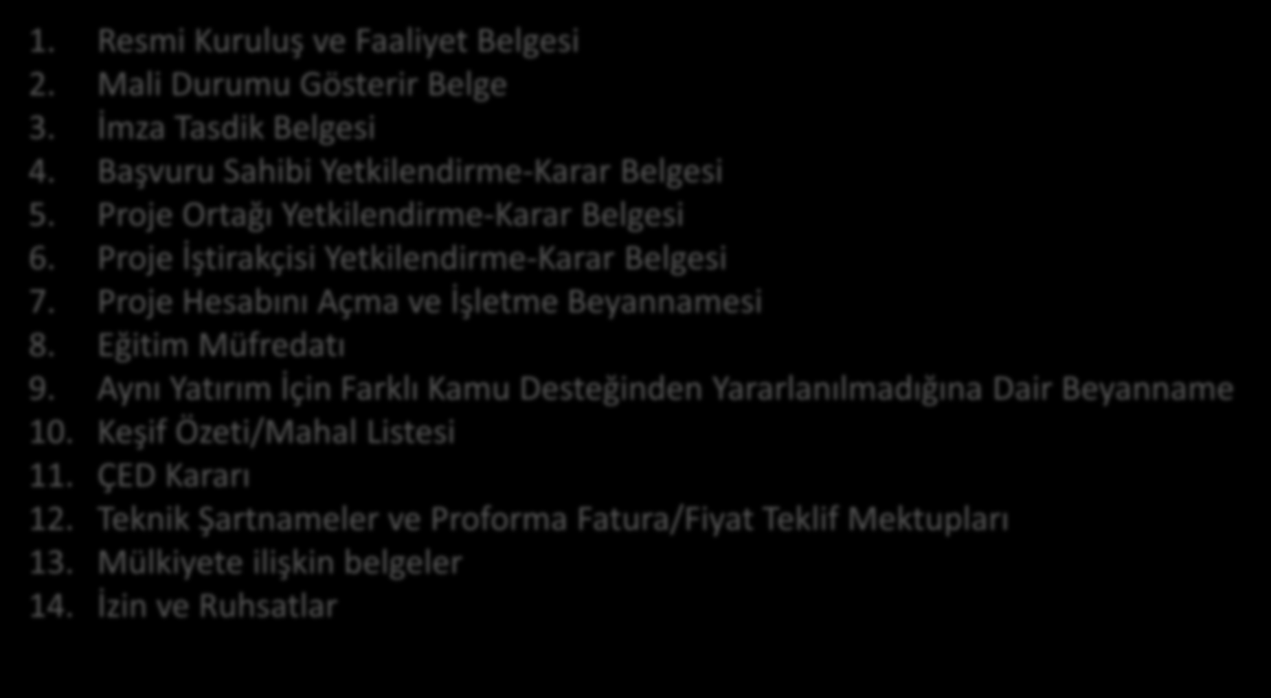 Destekleyici Belgeler - Kar Amacı Gütmeyen Kuruluşlar için 1. Resmi Kuruluş ve Faaliyet Belgesi 2. Mali Durumu Gösterir Belge 3. İmza Tasdik Belgesi 4. Başvuru Sahibi Yetkilendirme-Karar Belgesi 5.