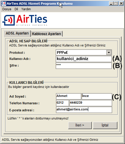 Açılan pencerede bilgisayarınızın ve modeminizin kablosuz ayarlarını kolayca yapabilirsiniz. (A) Şifreleme tipini WPA,WPA2 ve ya WEP olarak değiştirebilirsiniz.