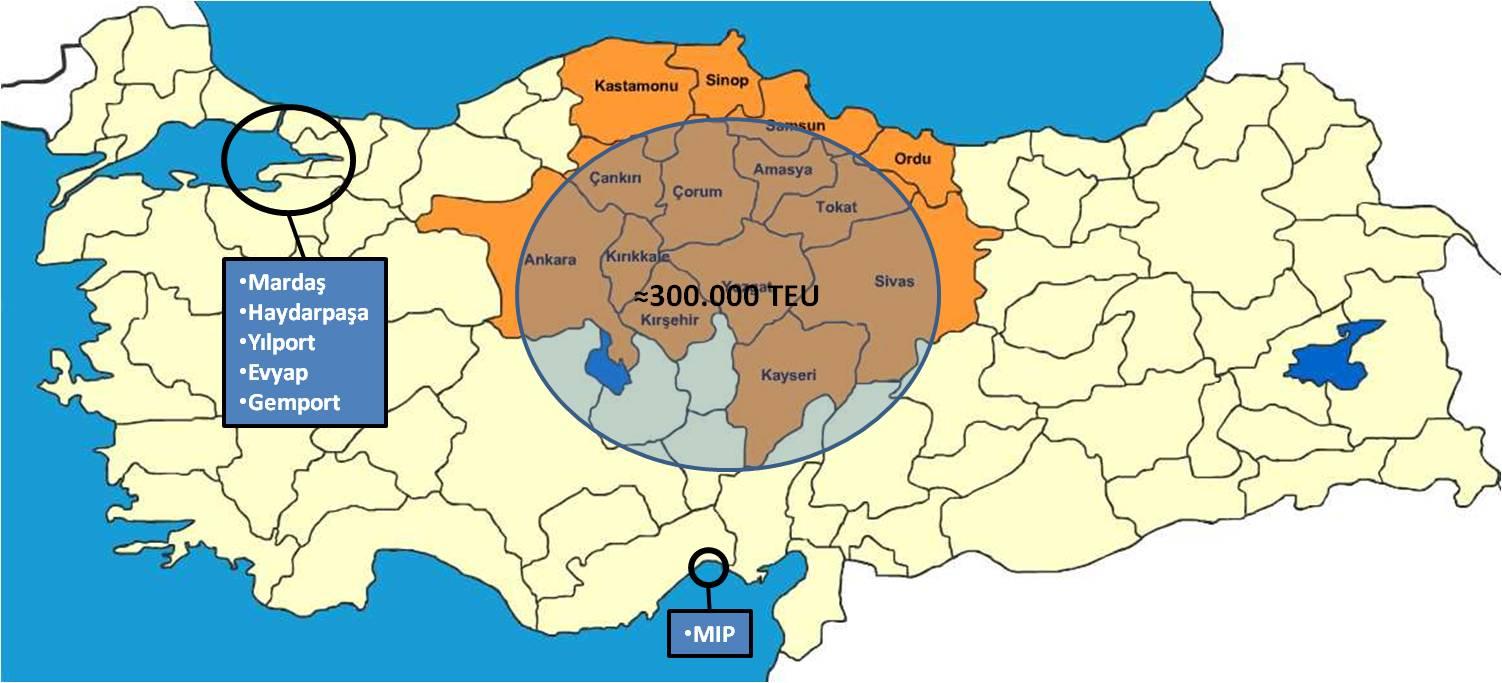 Samsun limanları ile bazı bölgelerde hinterlantları kesişen MIP, Evyap, Yılport, Mardaş, Haydarpaşa ve Gemport limanlarının Ankara, Kayseri ve Sivas illerindeki yaklaşık konteyner potansiyeli 300 bin