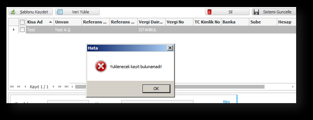 2. Veri Yükle Veri yükle butonu sayesinde seçilen excel dosyası programın içersine alınır ve excel dosyası içerisindeki alanlar cari hesap olarak listelenir ancak henüz cari hesap olarak