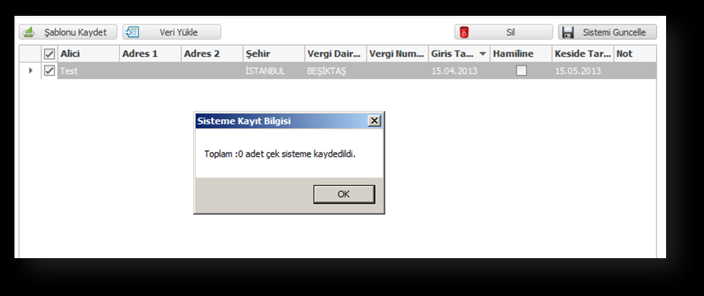 2. Veri Yükle Veri yükle butonu sayesinde seçilen excel dosyası programın içersine alınır ve excel dosyası içerisindeki alanlar çekler listelenir ancak henüz cari hesap olarak kaydedilmemiştir. 3.