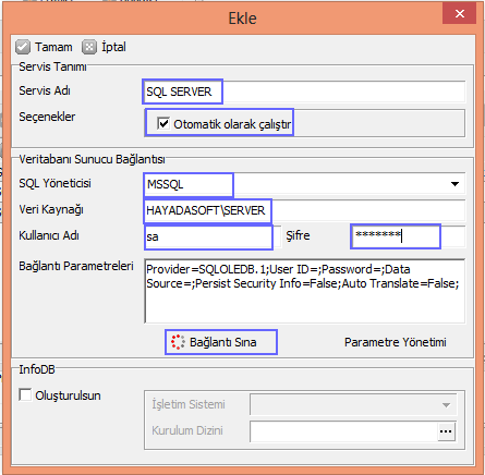 6 1. Veri Tabanı Sunucusu Bağlantı Yönetimi Bu ekranda veri tabanı bağlantısı sağlanacaktır. Servis Adı Kullanıcının belirlediği herhangi bir isim olabilir. İleride servis adı olarak görülecektir.